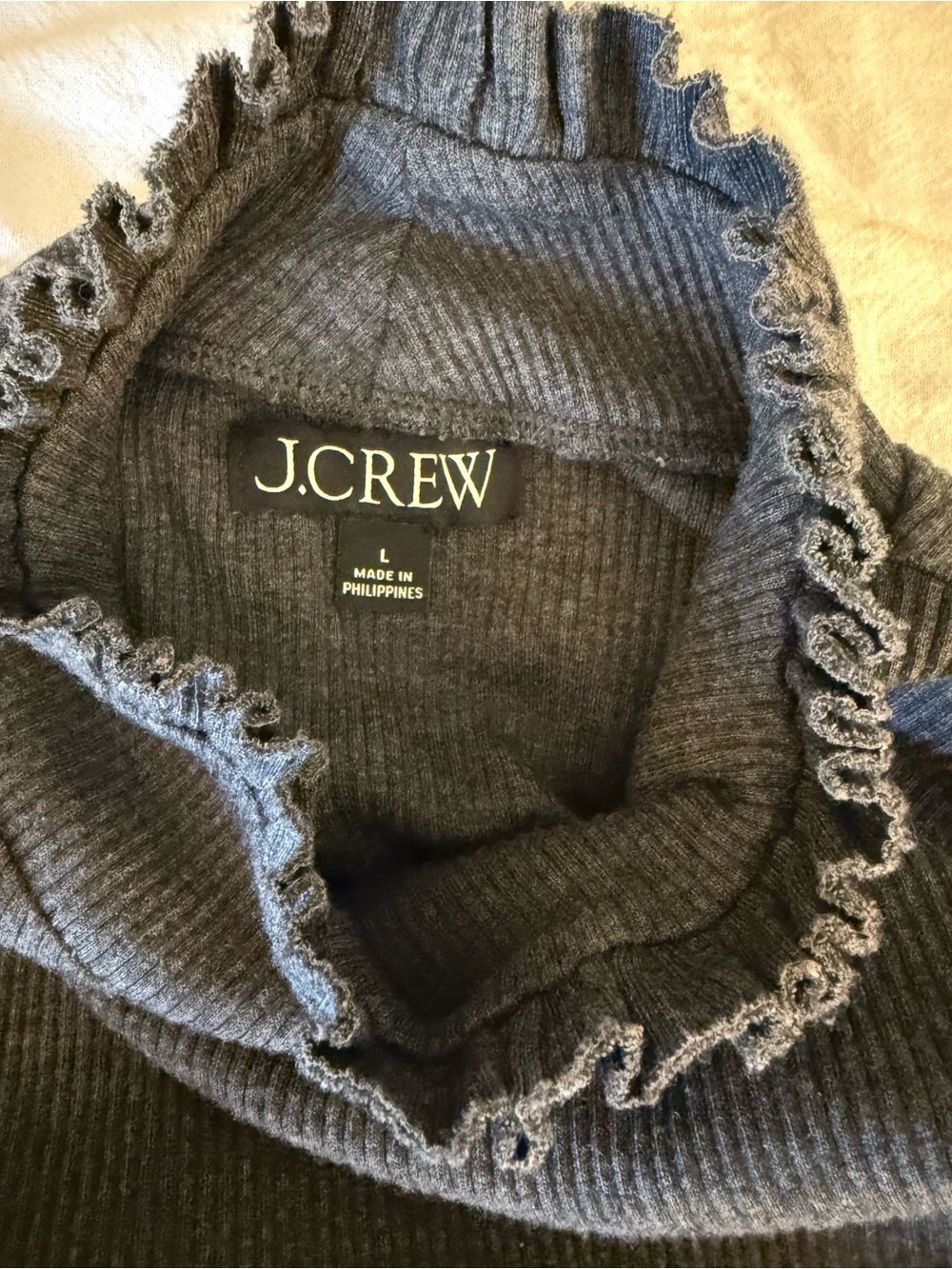 J. Crew Charcoal Rib Ruffle Mock Neck Slim fit Shirt Size Large - Picture 9 of 9